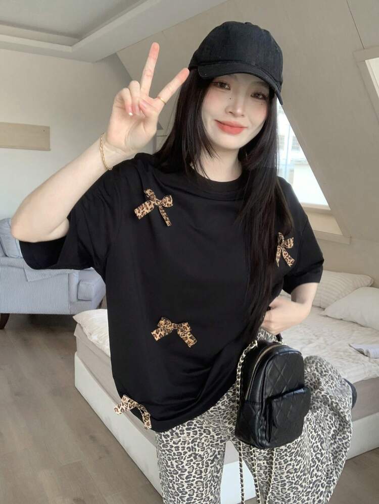 Women's Round Neck Leopard Print Bow Short Sleeve T-Shirt Summer Cute Tops