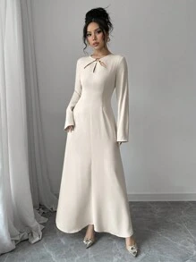 SHEIN Essnce Women Long Satin Dress, Metal Clasp Hollow-Out Dress, Long Sleeve Dress,Spring - Beige - View 5