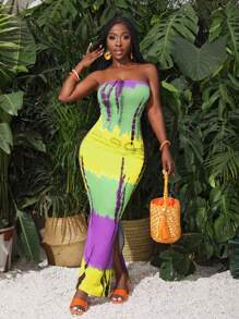 Slaydiva Vacation Tie Dye Bodycon Split Hem Tube Summer Dress - Purple - View 5