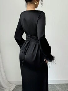 Rafferiza 缎面长款美人鱼尾巴低胸领口后系带喇叭袖毛绒装饰优雅浪漫女士长裙，秋冬 - 黑色 - 查看 2