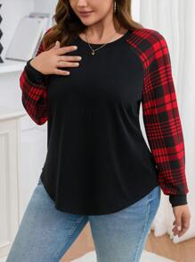 SHEIN LUNE SHEINLUNE Plus Size Women Christmas Valentine Party Casual Red Plaid Panel Sleeve T-Shirt, Everyday Wear, Long Sleeve Tops, New Years Women Outfit, Party,Spring