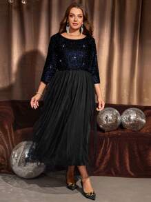 EMERY ROSE 大码女式纯色拼布圆领长袖休闲连衣裙 - 藍色 - 查看 3