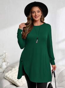 EMERY ROSE Camiseta larga con botones y bajo asimétrico en rojo, ropa de mujer para otoño en tallas grandes - Verde Oscuro - Ver 3
