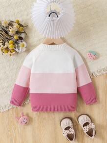 Baby Girl Front Button Long Sleeve Solid Color Patchwork Minimalist Top - Multicolor - View 2