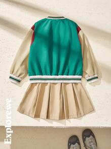 SHEIN Tween Girl 2pcs Set: Contrast Color Baseball Collar Button Front Long Sleeve Jacket & Solid Pleated Mini Skirt - Khaki - View 2