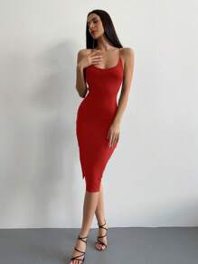 Aloruh Women's Red Minimalist Sexy Open Back Lace-Up Side Slit Mid-Length Dress, Backless Dress - Red - View 4