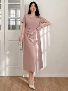 DAZY Đầm dài trơn khoét lỗ, xếp ly, viền ren cho nữ, đầm maxi. - Hồng - Xem 6