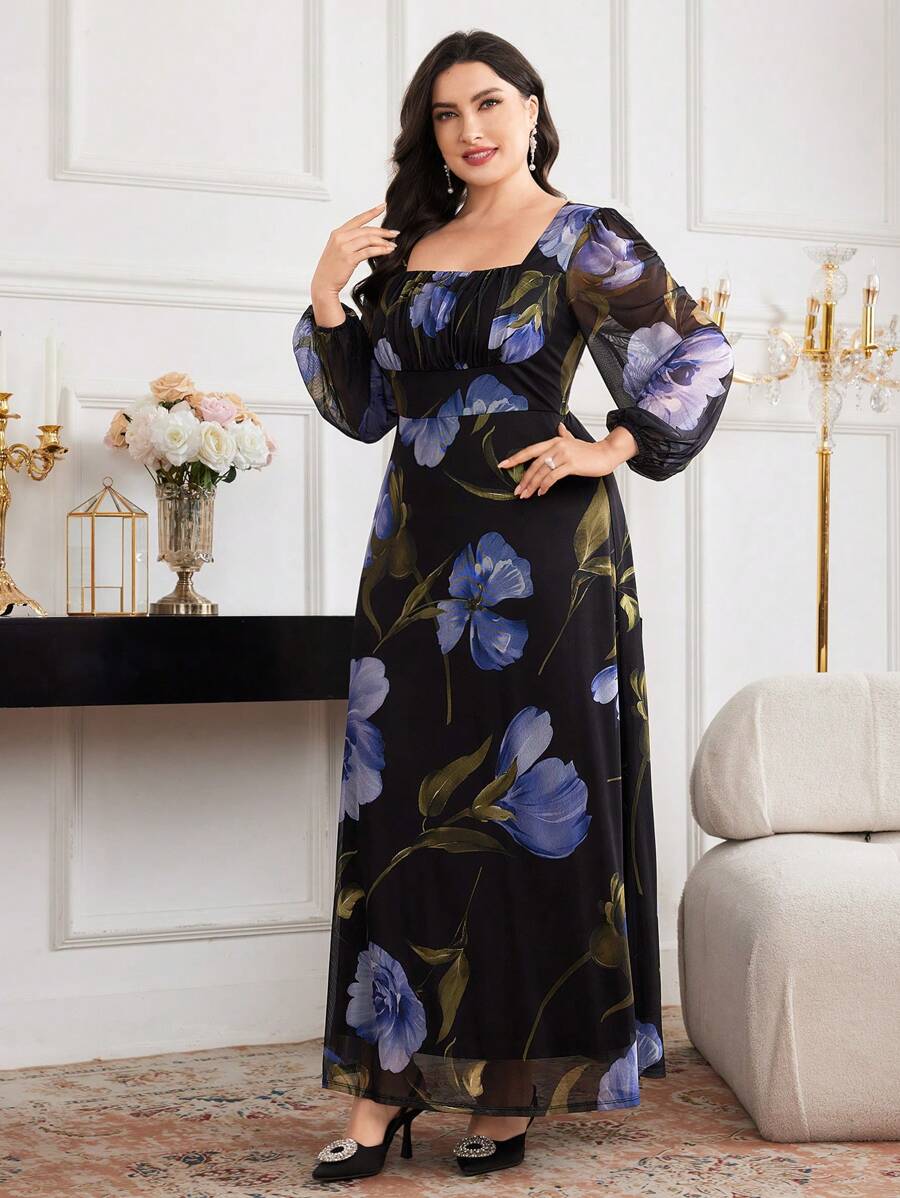 Modelyn Plus Size Square Neck Long Sleeve Floral Allover Print Minimalist Elegant Long Dress - Multicolor - View 1