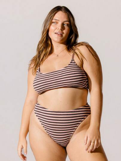 Aralina Conjunto de bikini de talla grande a rayas con escote redondo y top corto para el verano