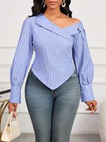 SHEIN Lady قميص أزرق مخطط طويل الأكمام منخفض الكتف للنساء، قميص مخطط مناسب للارتداء اليومي