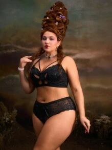 Retro Palace Style 2pcs/Set Plus Size Bralette With Lace Up Front, Wireless Bra Set, Comfortable - Black - View 5