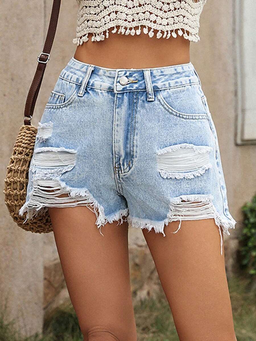 SHEIN Essnce Ripped Raw Hem Denim Shorts - Light Wash - View 1