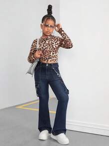 SHEIN Tween Girls Y2K 时尚复古水洗翻盖口袋工装牛仔喇叭牛仔裤，Tween Girls 秋装返校街头服饰