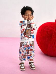 男童圆领长袖印花休闲装 - 上衣和裤子套装