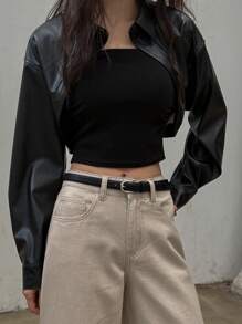 DAZY 女士纯色前扣长袖休闲 PU 皮夹克，日常穿着，秋季服装 - 黑色 - 查看 4