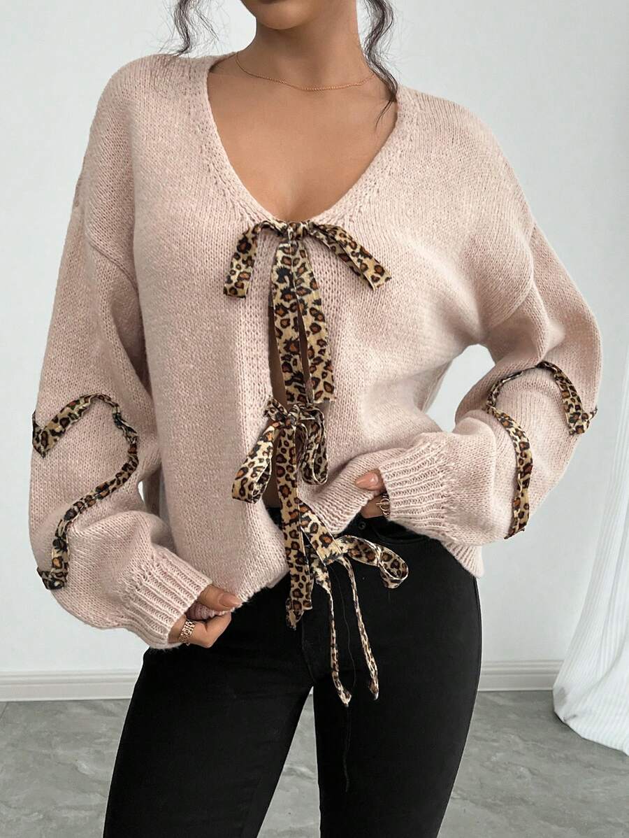 SHEIN Privé Women's V-Neck Cardigan, Leopard Print, Casual And Fashionable For Daily Wear