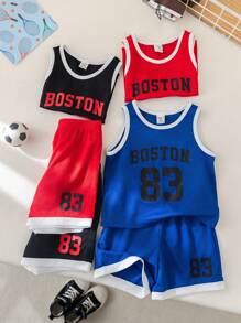 SHEIN Conjunto de 6 piezas de ropa deportiva casual adorable para bebé niño, incluye camiseta de tirantes con estampado de letras y pantalones cortos de cintura elástica, adecuado para el hogar, actividades al aire libre, deportes, y guardería