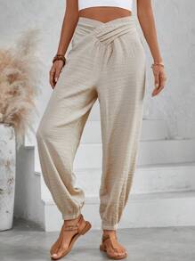 Breezaya Women's Solid Color Asymmetrical Waist Tied Slim-Fit Jogger Pants - Khaki - View 3