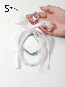 ROMWE Kawaii 1 件手工制作精致时尚百搭清新甜美优质白色仿珍珠串珠丝带、薄纱蝴蝶结、恶魔之心双面镜吊坠钥匙扣包饰，适合女性女孩日常穿着、节日礼物 - 彩色 - 查看 2