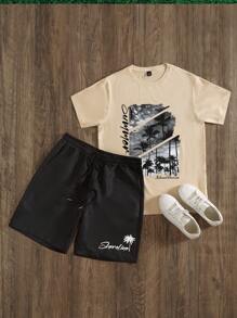 Manfinity Homme 男士字母和棕榈树印花圆领短袖休闲 T 恤和抽绳腰短裤套装