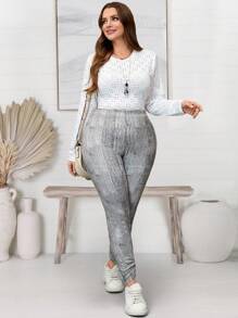 EMERY ROSE Plus Size Women Tie Dye Print Elastic Waist Casual Versatile Leggings - Brown - View 4