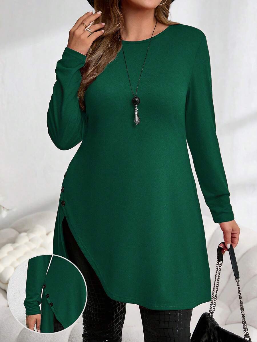 EMERY ROSE Camiseta larga con botones y bajo asimétrico en rojo, ropa de mujer para otoño en tallas grandes - Verde Oscuro - Ver 1