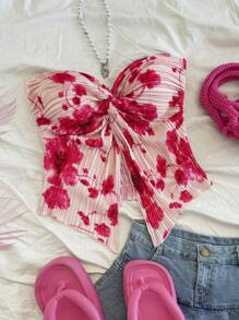 Soleia Strapless Tie Dye Floral Pleated Crop Top - Multicolor - View 1