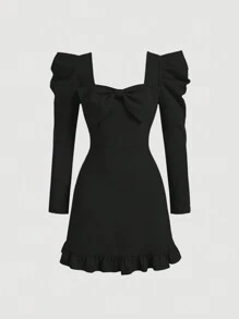 SHEIN Leap Crew Tween 女童方领蝴蝶结装饰羊腿长袖优雅连衣裙 - 黑色 - 查看 3