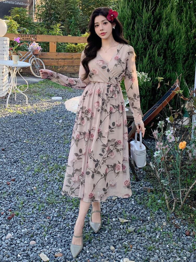 Elegant Women Floral All Over Print Mid-Length Dress,Fall Dress Long Sleeve Dress Vacation Outfits Women Easter Maxi Dress Boho