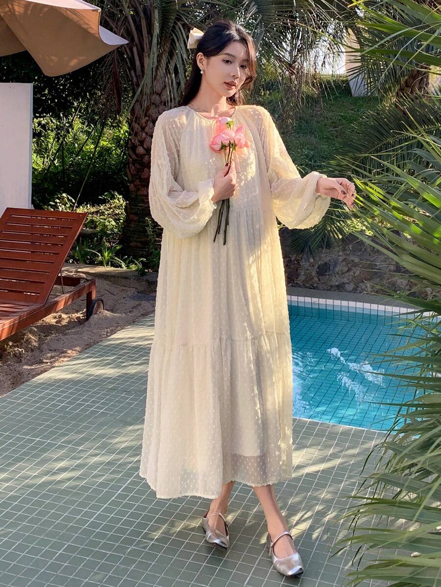 DAZY Women Solid Color Round Neck Lantern Sleeve Loose Long Dress, Ruffle Dress - Beige - View 1