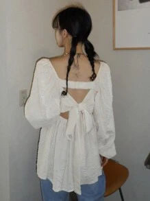 DAZY Damen lockeres rückenfreies Bindeband-Laternenärmel Langarmhemd, Aprikosenfarbe, Frühling/Herbst, Babydoll Top Schule - Aprikosenfarben - Übersicht 2