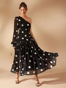 L'Amorae Elegant Polka Dot One Shoulder Long Sleeve Drop Waist Flowy New Year Holiday Party Maxi Dress - Black and White - View 4