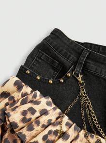 ROMWE Y2K Leopard Print Patchwork Metal Chain Asymmetrical Denim Mini Skirt - Black - View 3