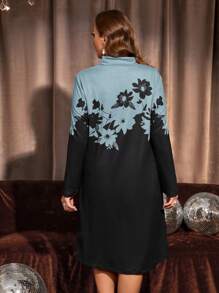 EMERY ROSE Plus Size Women Colorblock Floral Print Long Sleeve Mock Neck Midi Dress Fall Women Clothes Elegant Dress