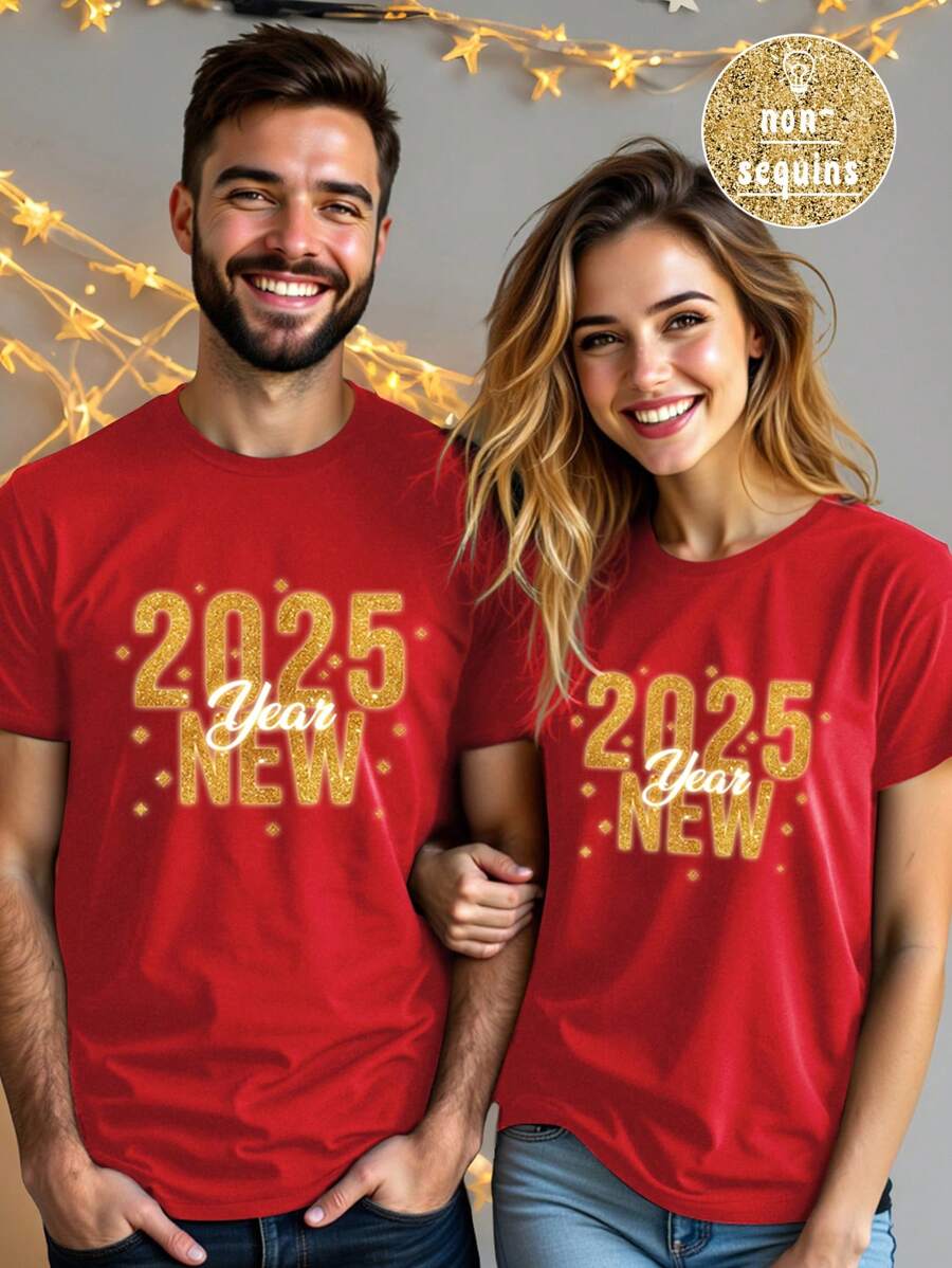 SHEIN EZwear 休闲宽松2025新年图案圆领短袖女式T恤,适合夏季 - 紅色 - 查看 1