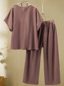 2 件套纯色短袖休闲简约日常服装 - 巧克力棕 - 查看 2