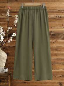 Lacomfia Plus Size Embroidery Loose Long Sleeve Lapel Shirt And High Waisted Wide Leg Straight Pants 2 Pieces Suit Set