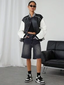 Manfinity VCAY Unisex PU Leather Contrasting Baseball Collar Jacket, For Fall Winter - Black and White - View 4