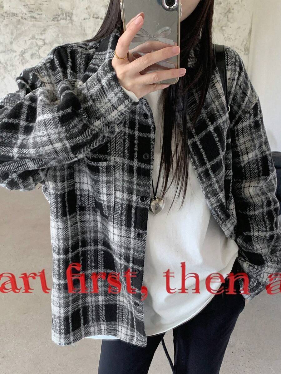 DAZY Women's Button Front Long Sleeve Pocket Plaid Blouse, Casual For Everyday Wear,Fall Clothes,Flannels Women - Black - View 1