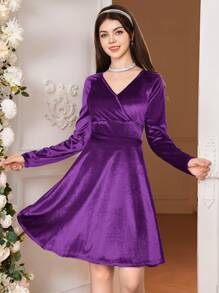 SHEIN Teen Girl Christmas Emerald Green Velvet Dress