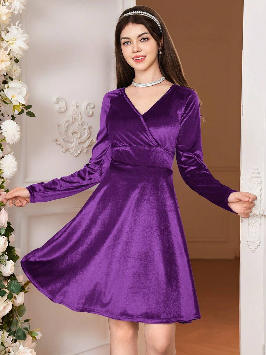 SHEIN Teen Girl Christmas Emerald Green Velvet Dress