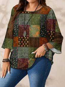 EMERY ROSE Blusa holgada de cuello redondo de manga 3/4 con estampado total, talla grande, para otoño/invierno