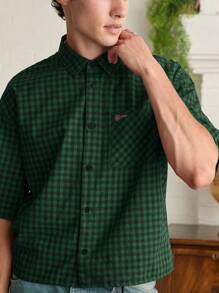 SWAVVY Men's Plaid Loose Short Sleeve Shirt,Boxy Fit,Y2K, Fall - Dark Green - View 4