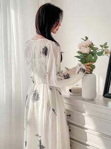 DAZY 传统中式优雅V领长款连衣裙，水墨印花，女士长款连衣裙 - 米色 - 查看 7