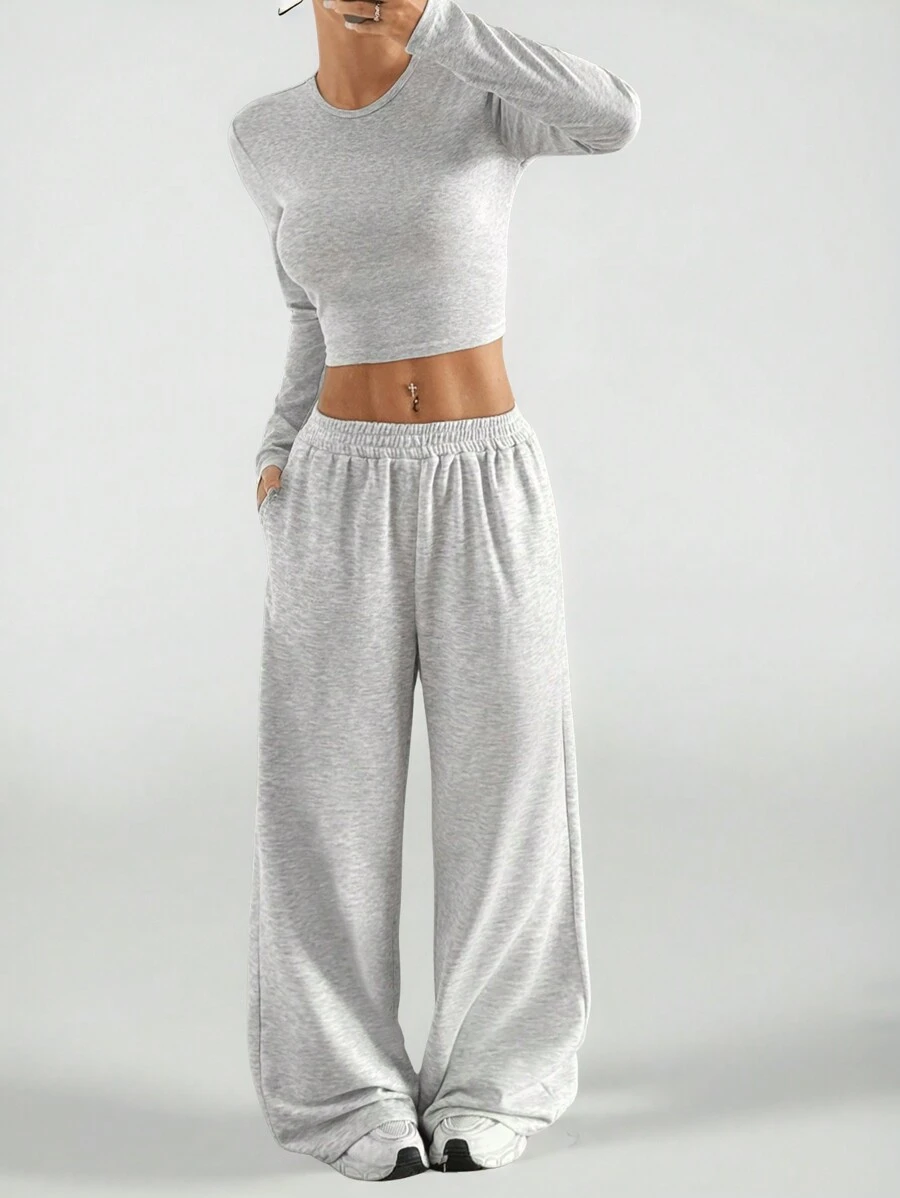 SHEIN PETITE Women's Solid Color Crew Neck Long Sleeve Bodycon T-Shirt And Sweatpants Set - Grey - View 1