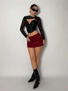 EgrlEra 2 件女士性感派对套装：网眼镂空细肩带上衣 + 深 V 领吊带背心 - 黑色 - 查看 6