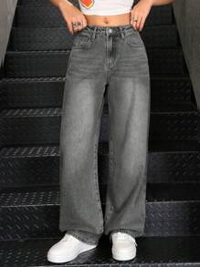 SHEIN 青少年女孩 Y2K 时尚纯色复古水洗宽松直筒牛仔裤，女孩秋装返校街头装