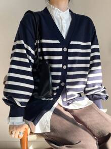 FRIFUL 女士拼色条纹长袖单排扣休闲拼布开衫 - 藏蓝色 - 查看 1