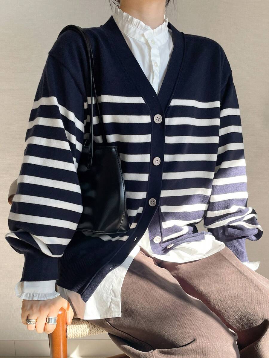 FRIFUL 女士拼色条纹长袖单排扣休闲拼布开衫 - 藏蓝色 - 查看 1