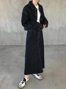 FRIFUL 女士前扣长袖简约衬衫和牛仔裙 2 件套 - 藍色 - 查看 5